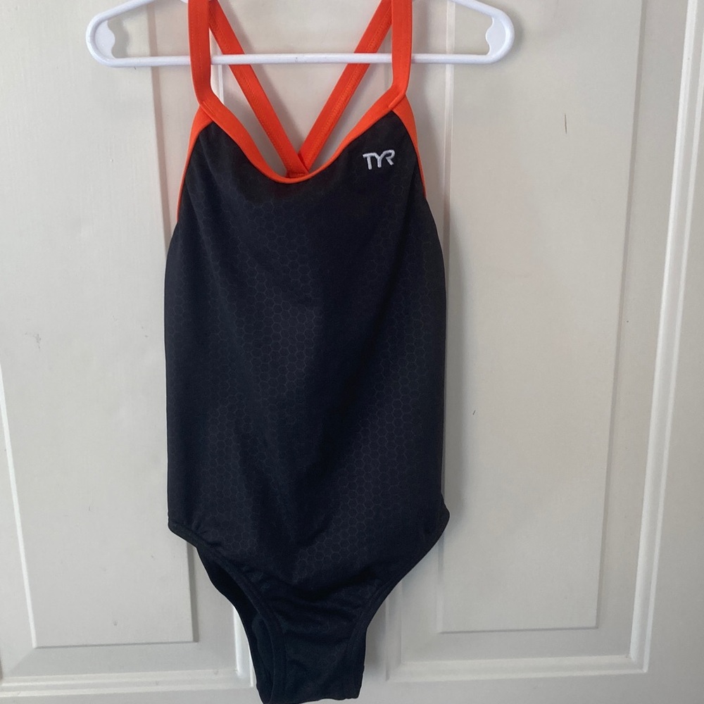 TYR Black Swimsuit with Reddish Orange Straps